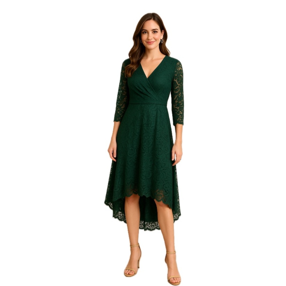 Dress Tells,  Emerald Green Lace High-Low Dress – Size Small